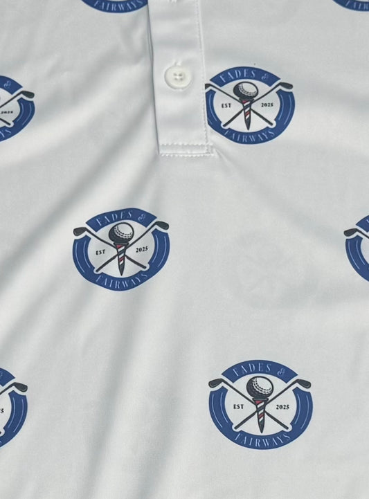 Fades & Fairways All-Over Logo Performance Polo – White/Blue