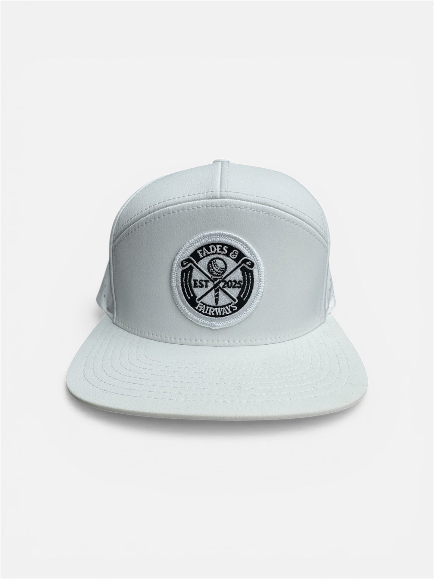 Fades & Fairways 7 panel Hat – White ( Black & white logo)