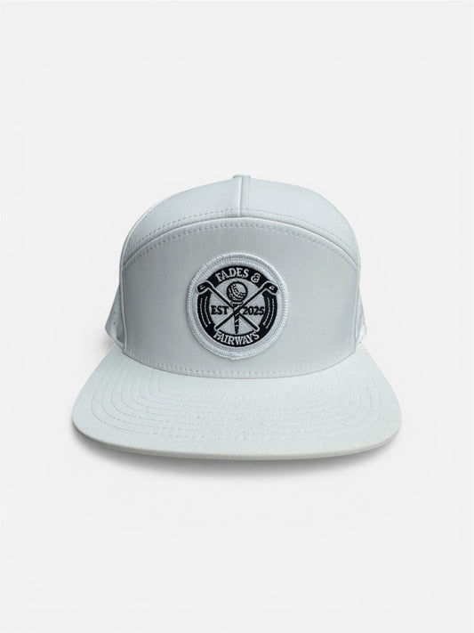 Fades & Fairways 7 panel Hat – White ( Black & white logo)