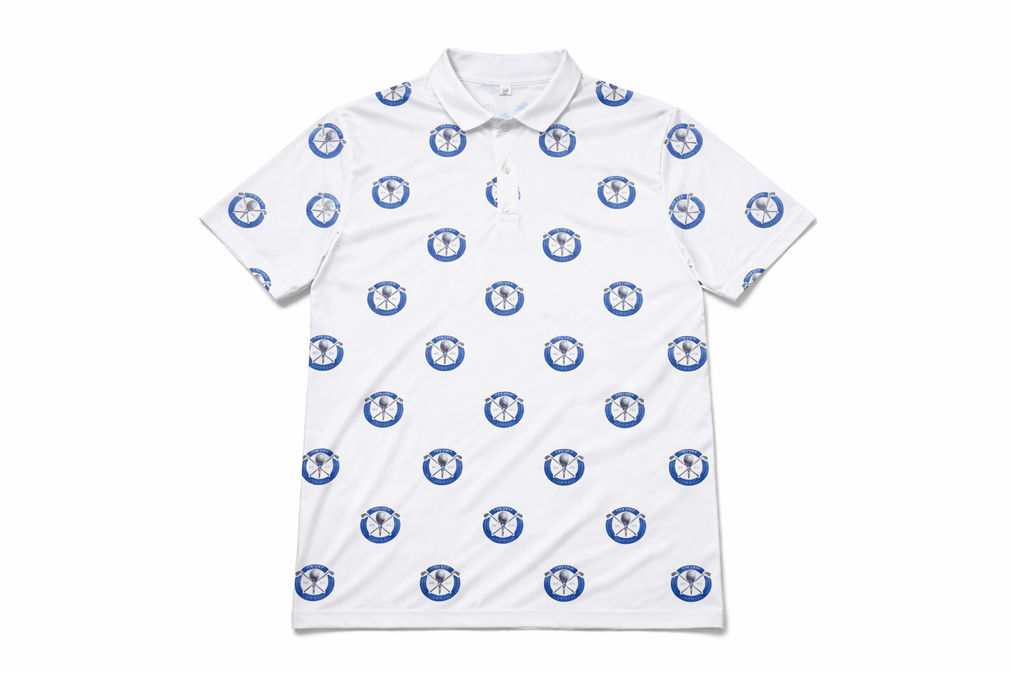 Fades & Fairways All-Over Logo Performance Polo – White/Blue