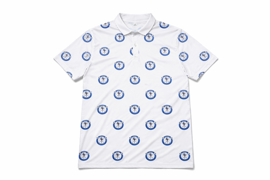 Fades & Fairways All-Over Logo Performance Polo – White/Blue